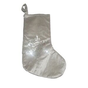Silver Crepe Satin Christmas Stocking Snowflake Sequined Holiday Décor 18.25”